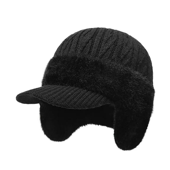 IDALL Winter Beanie with Brim and Ear Flaps, Outdoor Warm Fleece Lined Knit Hat Stocking Caps for Men Women Black One Size
