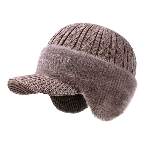 IDALL Winter Beanie with Brim and Ear Flaps, Outdoor Warm Fleece Lined Knit Hat Stocking Caps for Men Women Khaki One Size
