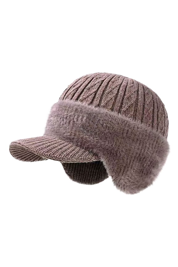 Winter Beanie with Brim and Ear Flaps, Outdoor Warm Fleece Lined Knit Hat Stocking Caps for Men Women Khaki One Size