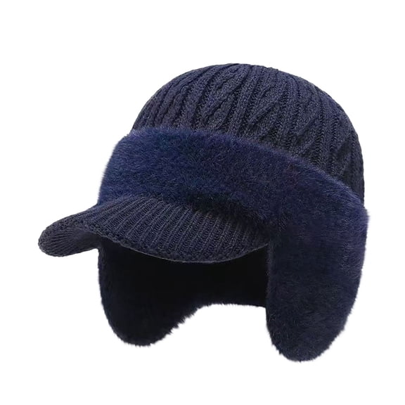 IDALL Winter Beanie with Brim and Ear Flaps, Outdoor Warm Fleece Lined Knit Hat Stocking Caps for Men Women Navy One Size