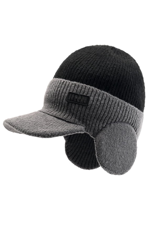 Winter Beanie with Brim and Ear Flaps, Outdoor Warm Fleece Lined Knit Hat Stocking Caps for Men Women Z1 Black One Size