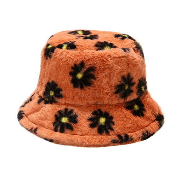 IDALL Winter Faux Fur Fuzzy Bucket Hat Fluffy Warm Hat for Women Men Orange One Size