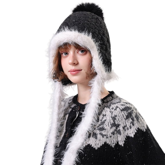 IDALL Winter Hats for Women Knit Beanie Soft Warm Fleece Lined Long Ear Straps Snow Ski Cap with Pompom Black One Size
