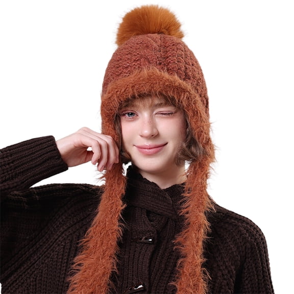 IDALL Winter Hats for Women Knit Beanie Soft Warm Fleece Lined Long Ear Straps Snow Ski Cap with Pompom Brick Red One Size
