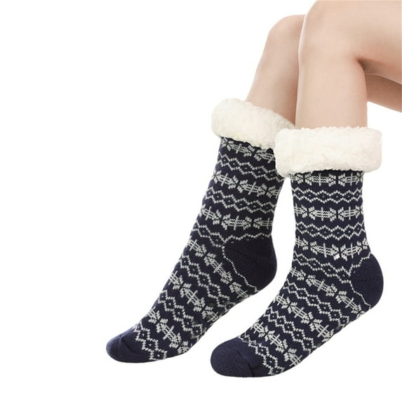 IDALL Women Slipper Fuzzy Socks, Non Slip Winter Warm Fluffy Fleece Lined Cozy Soft Thick Comfy Thermal Christmas Sock Navy One Size