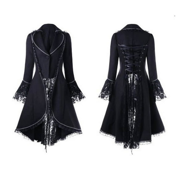 IDALL Women Steampunk Coat Long Sleeve Dress Gothic Clothes for Women Vintage Bandage Over Coat Lace Waist Long-Sleeved Jacket Coat Trench Coat Black S