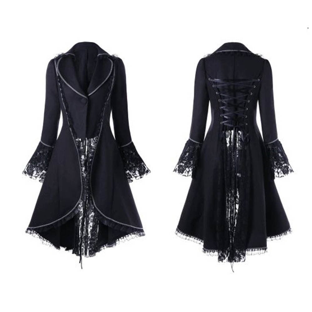 Elegant Long Black Double Breasted Steampunk Coat With Metal Details main image 1
