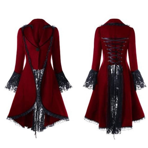 IDALL Women Steampunk Coat Long Sleeve Dress Gothic Clothes for Women Vintage Bandage Over Coat Lace Waist Long-Sleeved Jacket Coat Trench Coat Red 4XL