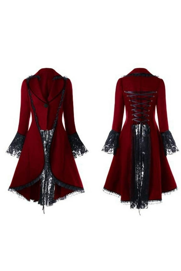 Women Steampunk Coat Long Sleeve Dress Gothic Clothes for Women Vintage Bandage Over Coat Lace Waist Long-Sleeved Jacket Coat Trench Coat Red L