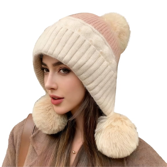 IDALL Women Winter Peruvian Cover Ears Beanie Hat Ear Flaps Ski Snow Hats Knit Fleece Lined 3 Pom Pom Beige One Size