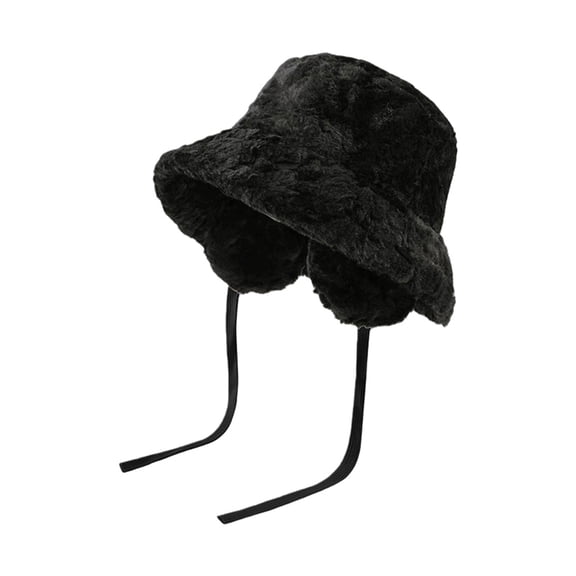 IDALL Women's Fuzzy Wide Brim Faux Fur Bucket Hat Winter Warmer Fisherman Cap Black One Size