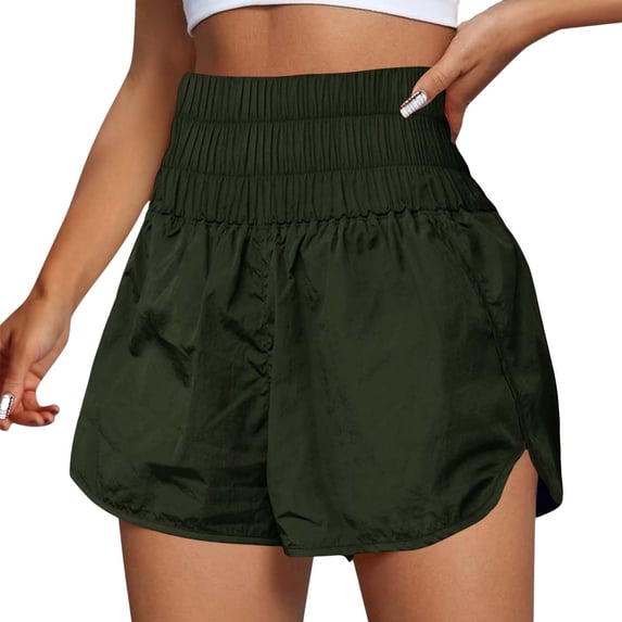 IDALL Women's High Waist Casual Athletic Yoga Sports Shorts Quick Dry Sporty Workout Layered Ruffle Elastic Hem Wide Leg Running Shorts for Women with Zipper Pocket Pants Z2-Army Green 2XL