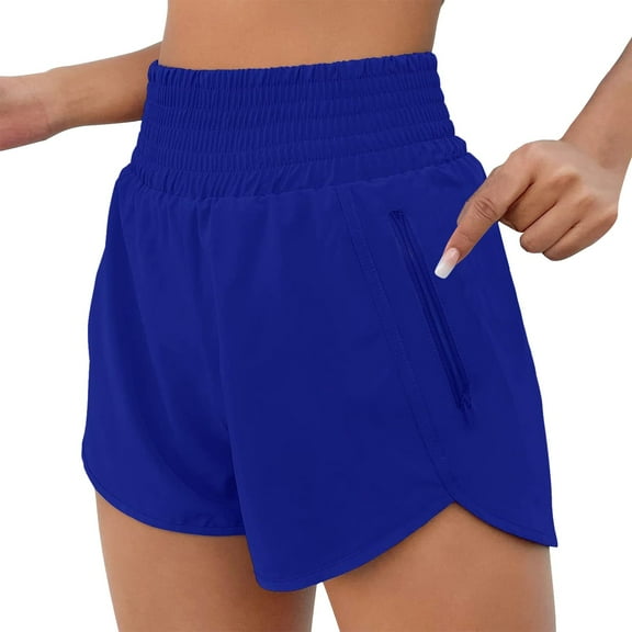 IDALL Women's High Waist Casual Athletic Yoga Sports Shorts Quick Dry Sporty Workout Layered Ruffle Elastic Hem Wide Leg Running Shorts for Women with Zipper Pocket Pants Z4-Blue XL