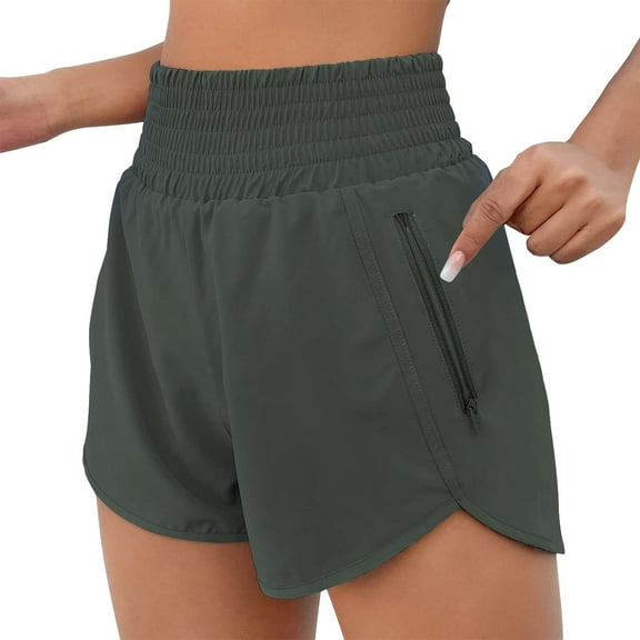 IDALL Women's High Waist Casual Athletic Yoga Sports Shorts Quick Dry Sporty Workout Layered Ruffle Elastic Hem Wide Leg Running Shorts for Women with Zipper Pocket Pants Z4-Army Green M