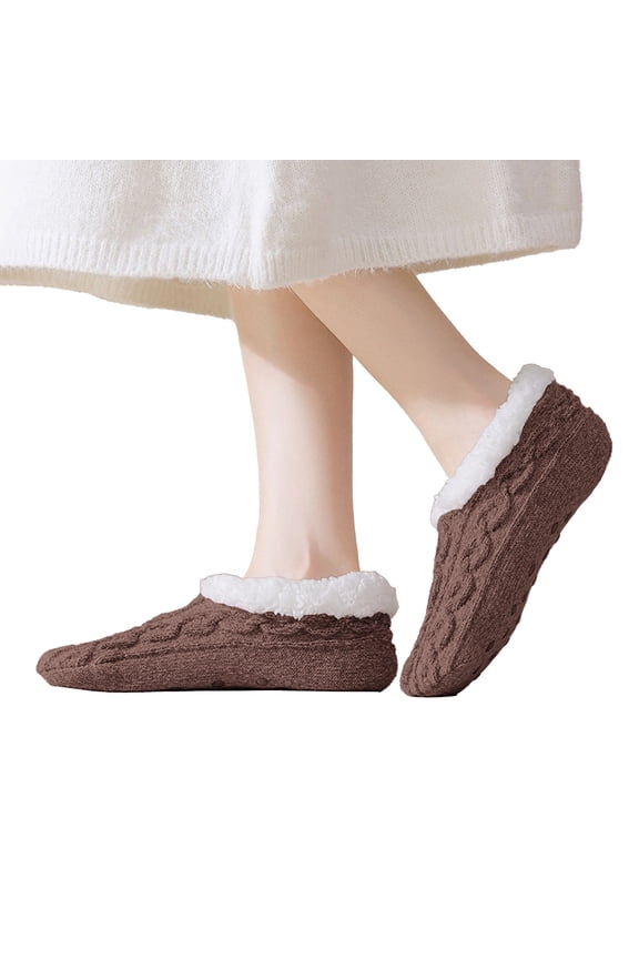 Women's Soft Sole Slipper Socks with Grippers, Thick Warm Cozy Lined Home Socks, Cable Knitted Non-slip Fluffy Winter House Bedroom Slippers Coffee 1 One Size
