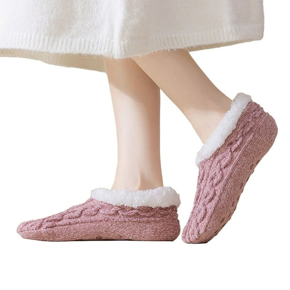 IDALL Women's Soft Sole Slipper Socks with Grippers, Thick Warm Cozy Lined Home Socks, Cable Knitted Non-slip Fluffy Winter House Bedroom Slippers Pink One Size
