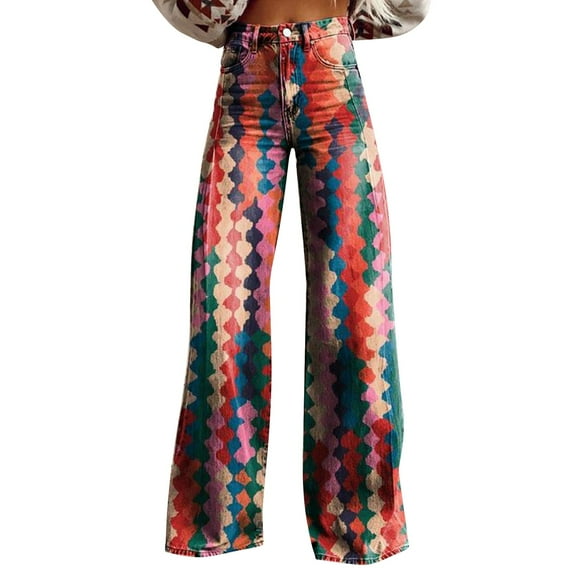 IDALL Womens Jeans Barrel Jeans Wide Leg Pants Woman High Waist Floral Patterned Pants Lightweight Loose Fit Casual Colorful Trouser Imitation Jeans High Waisted Jeans Lounge Pants Camouflage 3XL
