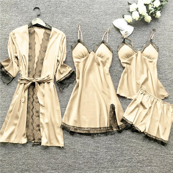 IDALL Womens Pajama Sets Night Gowns for Adult Women Silk Pajamas for Women Sleepwear Lace Robe Set Pajamas Nightsilk Lace Tops for Women Womens Loungewear Set Beige M