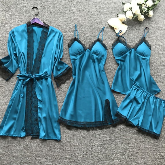 IDALL Womens Pajama Sets Night Gowns for Adult Women Silk Pajamas for Women Sleepwear Lace Robe Set Pajamas Nightsilk Lace Tops for Women Womens Loungewear Set Light Blue 3XL