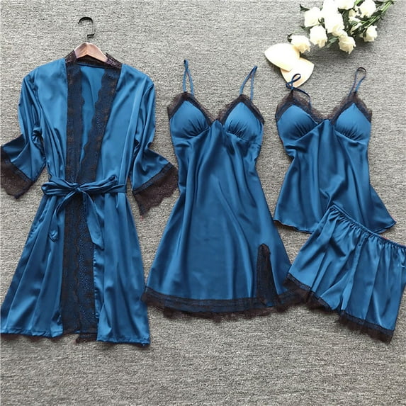 IDALL Womens Pajama Sets Night Gowns for Adult Women Silk Pajamas for Women Sleepwear Lace Robe Set Pajamas Nightsilk Lace Tops for Women Womens Loungewear Set Navy XL
