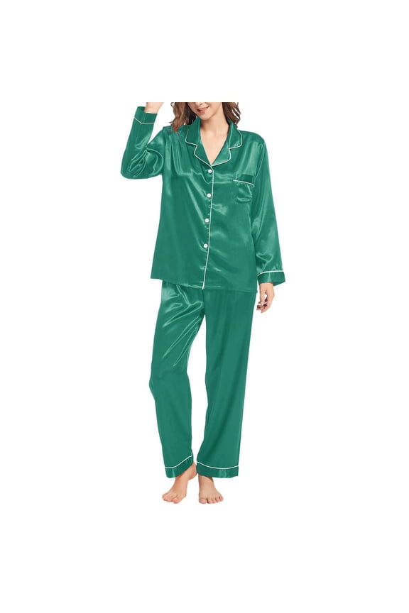 Womens Pajama Sets Pajamas for Women Set Silk Pajamas for Women Silk Like Long Sleeve Set Two Sleepnightloungesets Womens Pajamas Womens Loungewear Set Green XXL