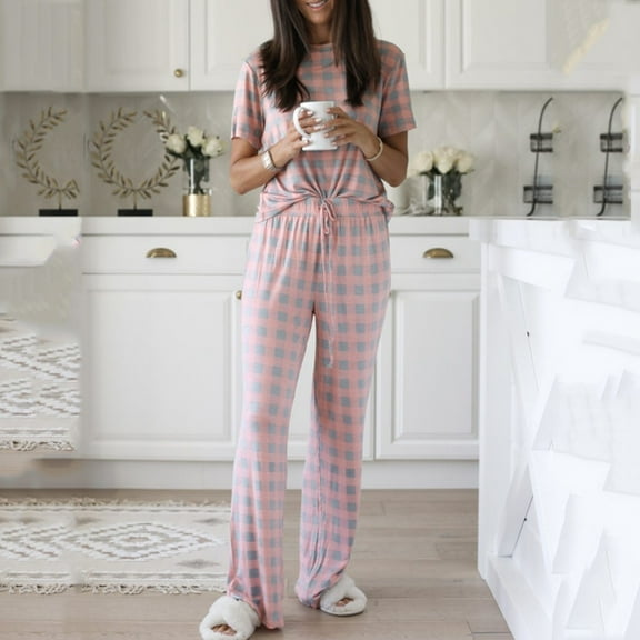 IDALL Womens Pajama Sets Pj Sets for Woman Pijamas De Mujer Printed Sleepwear Short Sleeve Tops with Long Pants Pajama Set Pajamas for Women Womens Loungewear Set Red L