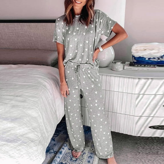 IDALL Womens Pajama Sets Pj Sets for Woman Pijamas De Mujer Printed Sleepwear Short Sleeve Tops with Long Pants Pajama Set Pajamas for Women Womens Loungewear Set Khaki XXL