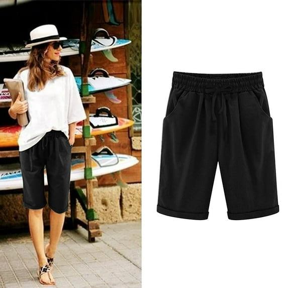 IDALL Womens Shorts Casual Plus Size Shorts Ladies Casual Pocket Thin Outer Wear Elastic Belt In Trousers Large Size Loose Pants Running Shorts Summer Shorts Black XL