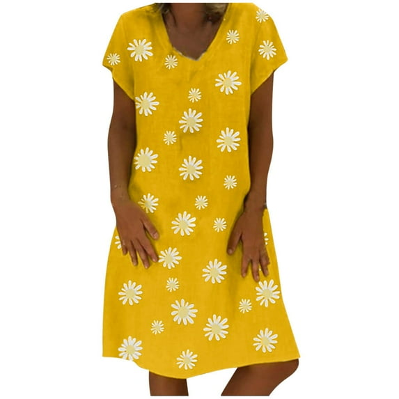 IDALL Womens Summer Casual Midi Dress Plus Size Homecoming Dresses V-neck Short Sleeve Dresses Boho Swing Wrap Dress Linen Wedding Guest Dress Shift Floral Print with Pockets Beach Dress Z1-Yellow M