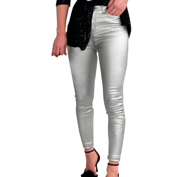 IDALL Yoga Pants Women Leggings for Women Sexy Mid Waist Faux Leather Leggings Stretch Leather Pleather Pants Leather Pants for Women Leggings with Pockets for Women Silver XL