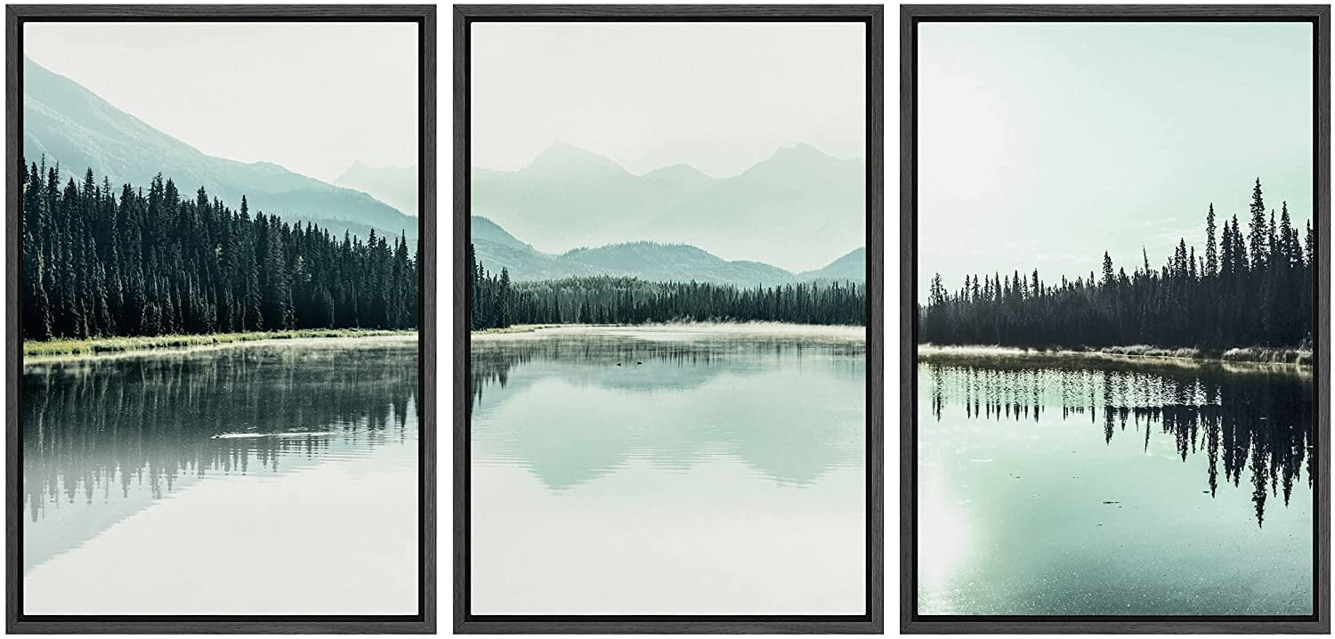 Teal Mountain Range Lake Landscape 3-Piece Framed Canvas Print