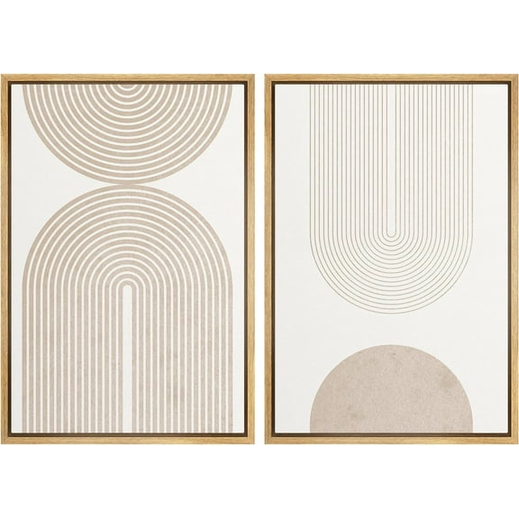 IDEA4WALL 2 Panels Framed Canvas Print Wall Art Set Beige & White Duotone Geometric Spiral Polygons Abstract Shapes Modern Art Minimalist Decoration for Bedroom - 16"x24"x2 Panels Natural