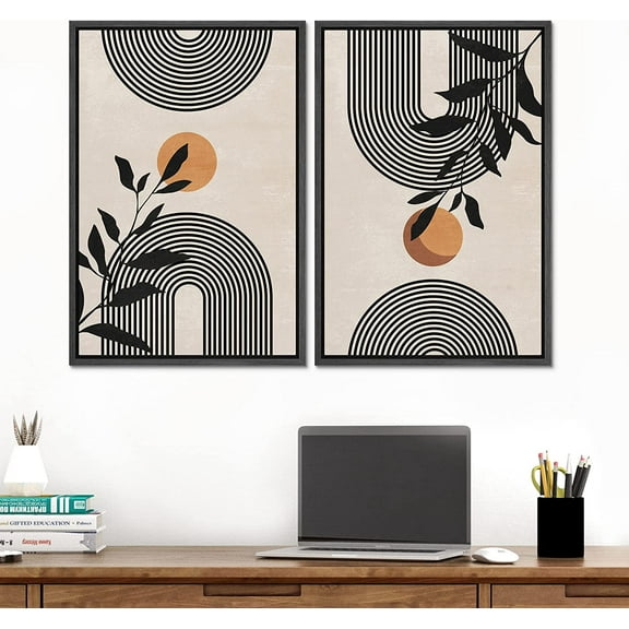 IDEA4WALL 2 Panels Framed Canvas Print Wall Art Set Geometric Illusion Polygons Forest Plants Leaf Abstract Modern Art Boho Multicolor Chic Artwork Housewarming Decor - 16"x24"x2 Panels Black