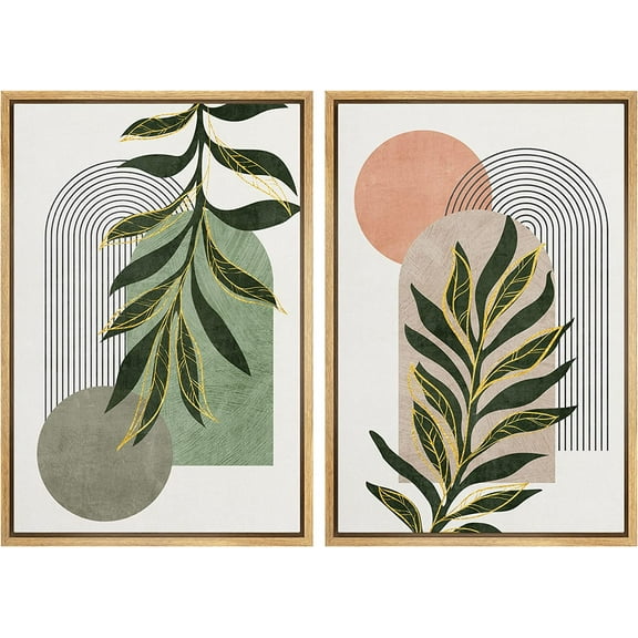 IDEA4WALL 2 Panels Framed Canvas Print Wall Art Set Jungle Palm Leaf Geometric Polygons Abstract Shapes Nordic Nature Modern Art Minimalist Multicolor for Home Decor - 16"x24"x2 Panels Natural