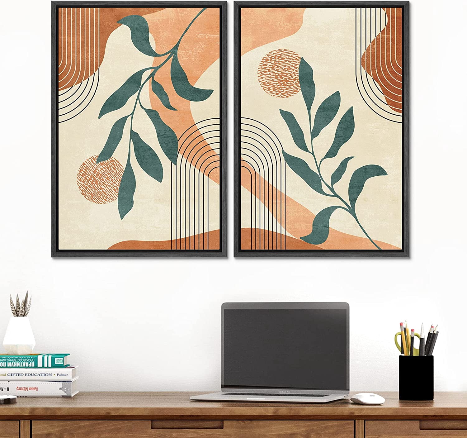 IDEA4WALL 2 Panels Framed Canvas Print Wall Art Set Mid-Century Leaf ...