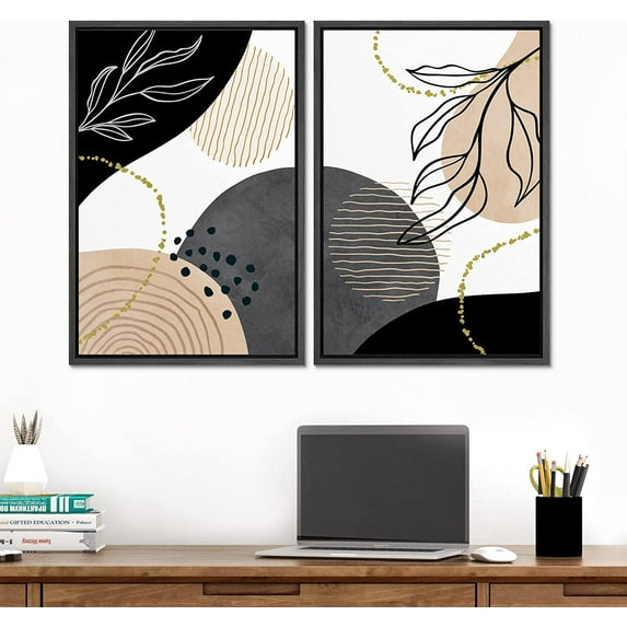 IDEA4WALL 2 Panels Framed Canvas Print Wall Art Set Mid-Century Nordic Geometric Ring Plants Abstract Modern Art Boho Multicolor Chic Artwork Housewarming Decor - 24"x36"x2 Panels Black