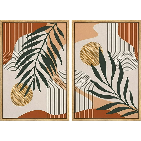 IDEA4WALL 2 Panels Framed Canvas Print Wall Art Set Mid-Century Palm Leaf and Geometry Symbols Abstract Nature Modern Artwork Minimalist Multicolor for Home Decor - 16"x24"x2 Panels Natural