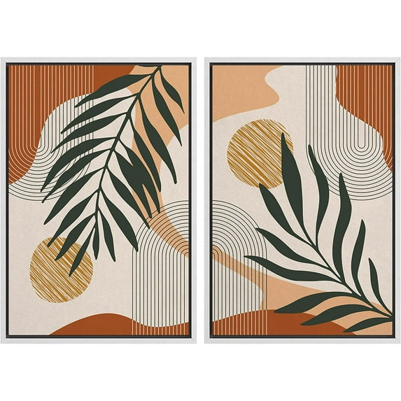 IDEA4WALL 2 Panels Framed Canvas Print Wall Art Set Mid-Century Palm Leaf and Geometry Symbols Abstract Nature Modern Artwork Minimalist Multicolor for Home Decor - 16"x24"x2 Panels White