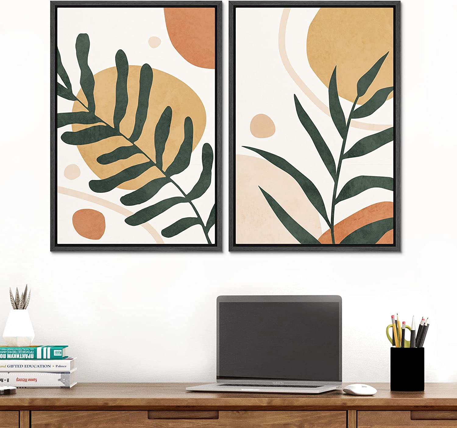 IDEA4WALL 2 Panels Framed Canvas Print Wall Art Set Mid-Century Pastel ...
