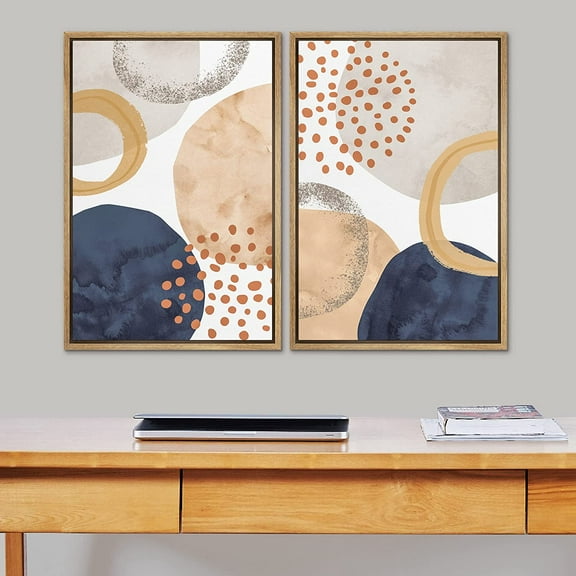 IDEA4WALL 2 Panels Framed Canvas Print Wall Art Set Mid-Century Pastel Watercolor Ring Circles Abstract Modern Art Decor Boho Nature Colorful Chic Artwork for Bedroom - 16"x24"x2 Panels Natural