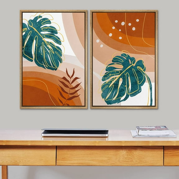 IDEA4WALL 2 Panels Framed Canvas Print Wall Art Set Mid-Century Red Geometric Jungle Palm Leaf Abstract Modern Art Boho Multicolor Chic Artwork Housewarming Decor - 16"x24"x2 Panels Natural
