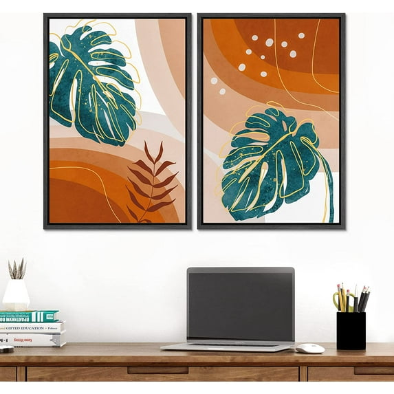 IDEA4WALL 2 Panels Framed Canvas Print Wall Art Set Mid-Century Red Geometric Jungle Palm Leaf Abstract Modern Art Boho Multicolor Chic Artwork Housewarming Decor - 16"x24"x2 Panels Black