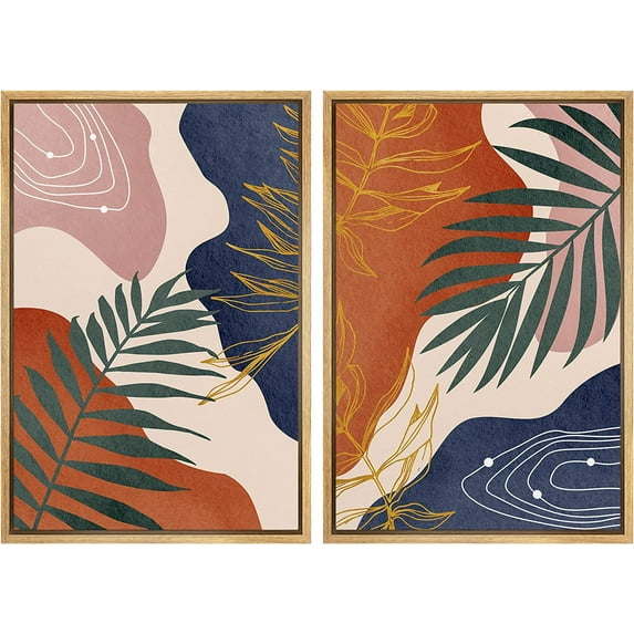 IDEA4WALL 2 Panels Framed Canvas Print Wall Art Set Mid-Century Retro Forest Plants Geometric Abstract Nature Modern Artwork Minimalist Multicolor for Home Decor - 16"x24"x2 Panels Natural