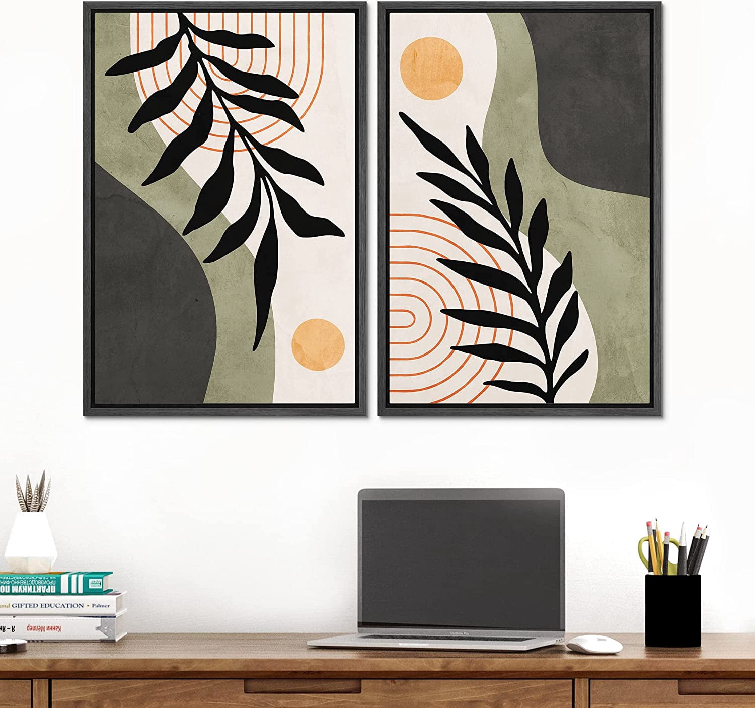 IDEA4WALL 2 Panels Framed Canvas Print Wall Art Set Mid-Century Spiral ...