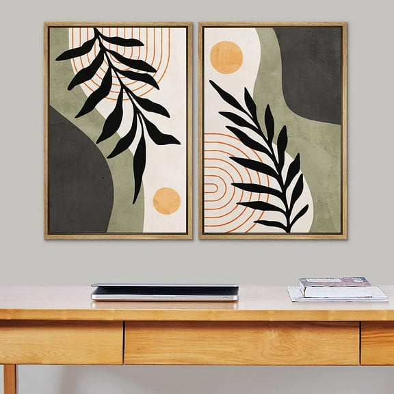 IDEA4WALL 2 Panels Framed Canvas Print Wall Art Set Mid-Century Spiral Ring Circle Forest Botanical Abstract Modern Art Boho Multicolor Chic Artwork Housewarming Decor - 16"x24"x2 Panels Natural