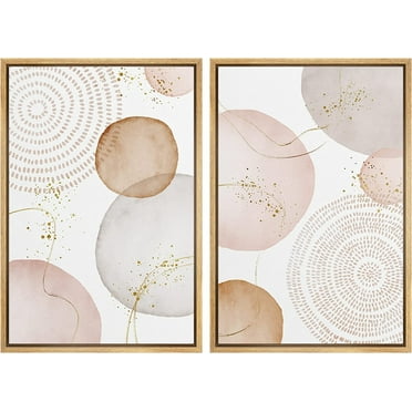 IDEA4WALL 2 Panels Framed Canvas Print Wall Art Set Pastel Pink Gray Watercolor Circles Geometric Abstract Nature Modern Artwork Minimalist Multicolor for Home Decor - 16"x24"x2 Panels Natural
