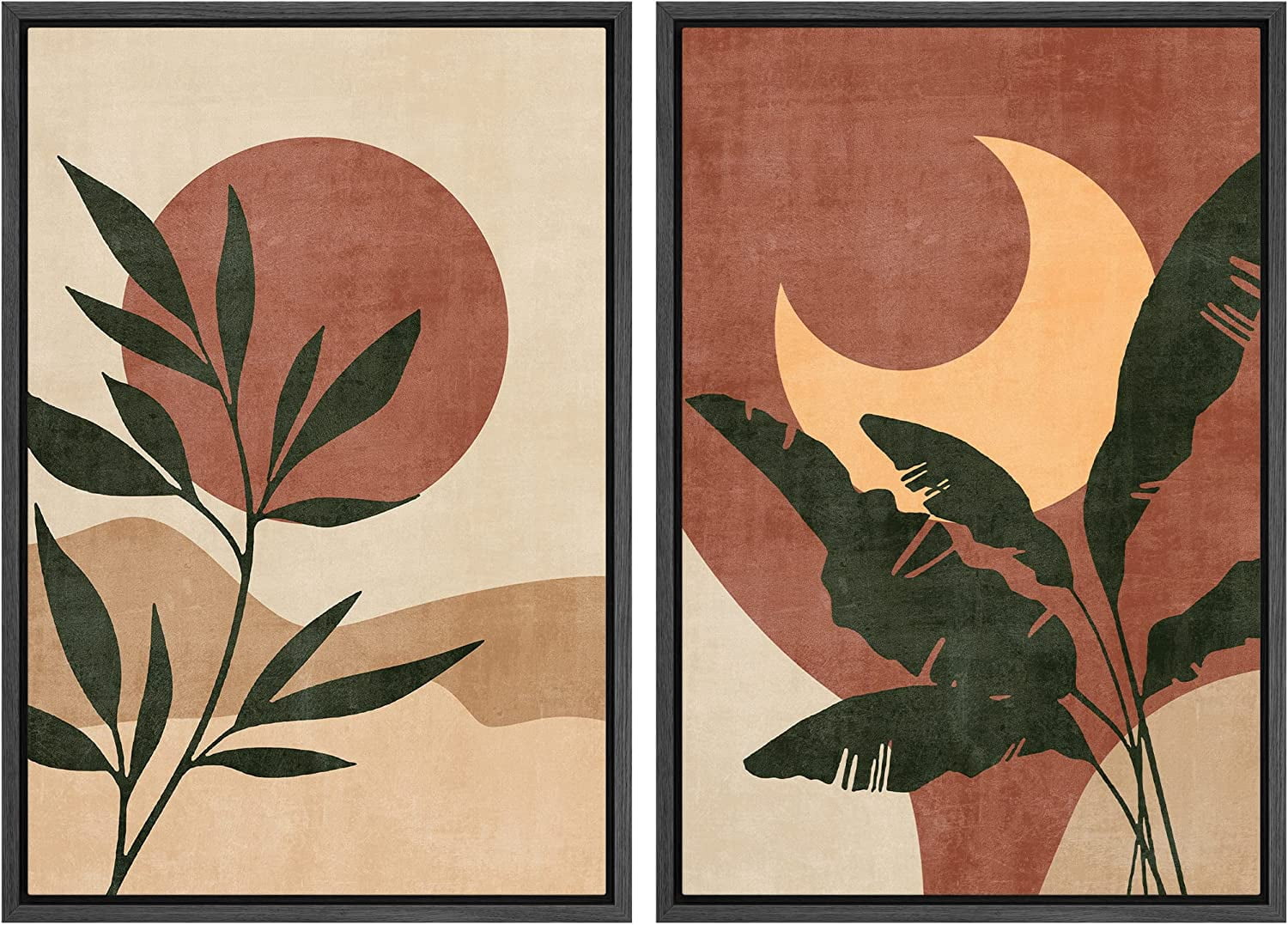 IDEA4WALL 2 Panels Framed Canvas Print Wall Art Set Sun & Moon Mid ...