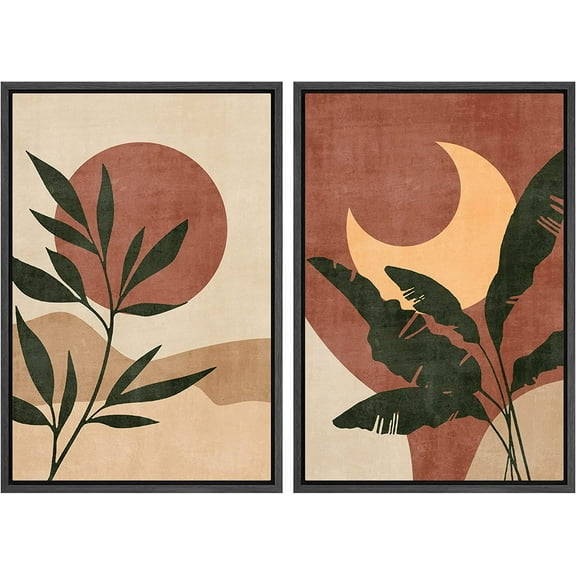 IDEA4WALL 2 Panels Framed Canvas Print Wall Art Set Sun & Moon Mid-Century Desert Plants Abstract Nordic Nature Modern Artwork Minimalist Multicolor for Home Decor - 16"x24"x2 Panels Black