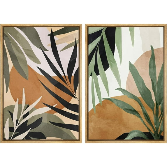IDEA4WALL 2 Panels Framed Canvas Print Wall Art Set Tropical Island Palm Leaf Geometric Collage Abstract Shapes Colorful Modern Art Minimalist Decoration for Bedroom - 24"x36"x2 Panels Natural