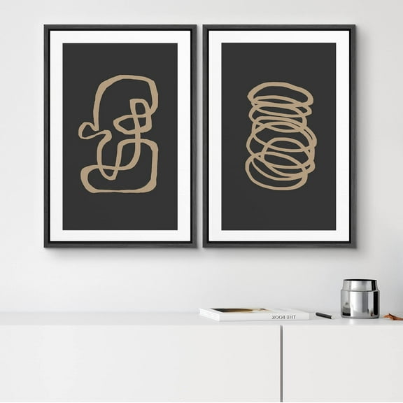 IDEA4WALL 2pcs Framed Canvas Art Wall Decor Black & Brown Mid-Century Figures Pattern Prints Abstract Shapes Illustrations Modern Art Contemporary Minimal for Dorm Home Office - 24"x36" Black